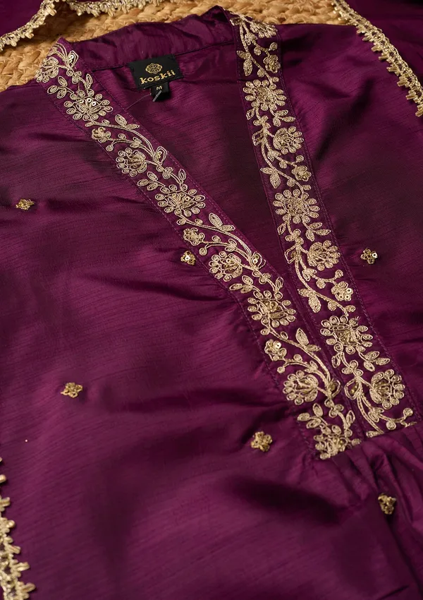 Wine_Art_Silk_Cording_A_Line_Kurta_With_Pant_Regular_And_Dupatta