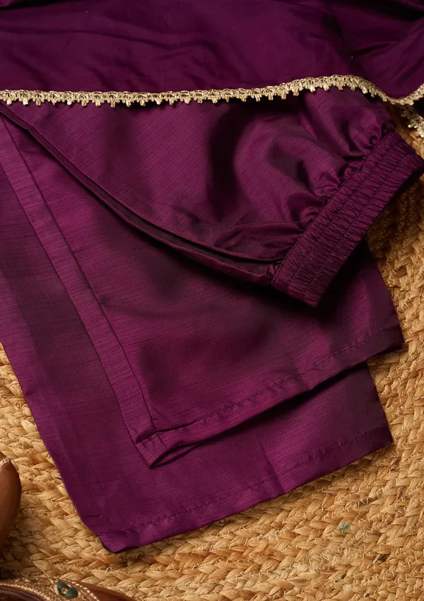Wine_Art_Silk_Cording_A_Line_Kurta_With_Pant_Regular_And_Dupatta