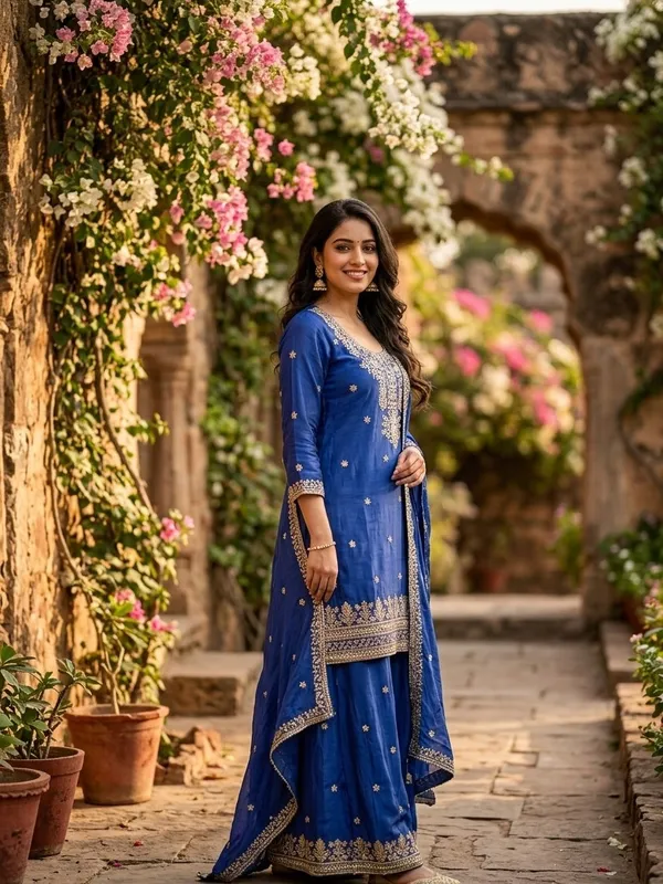 Royal_Blue_Crepe_Sequins_Straight_Kurta_With_Sharara_And_Dupatta
