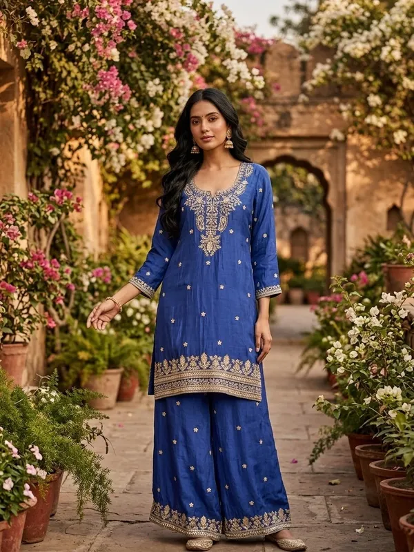 Royal_Blue_Crepe_Sequins_Straight_Kurta_With_Sharara_And_Dupatta