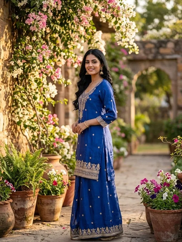 Royal_Blue_Crepe_Sequins_Straight_Kurta_With_Sharara_And_Dupatta