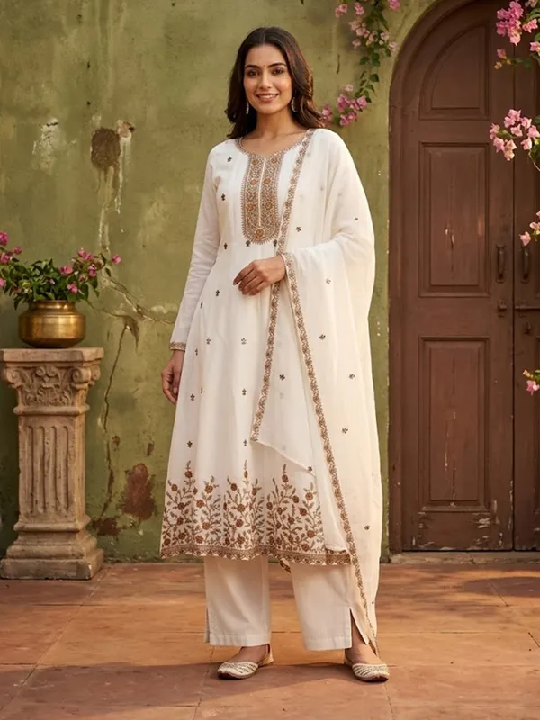 Off_White_Chanderi_Cording_Anarkali_Kurta_With_Pant_Regular_And_Dupatta