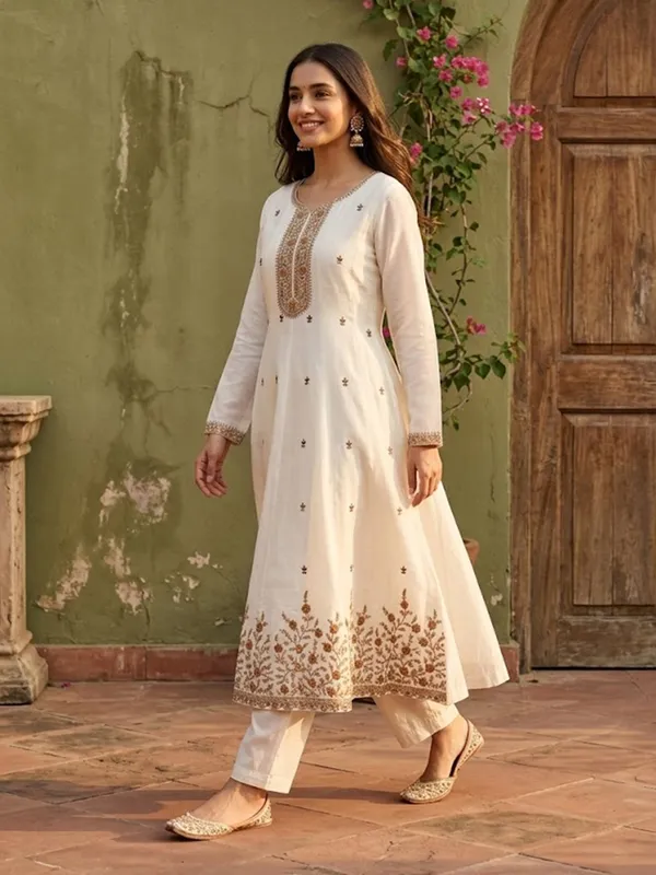 Off_White_Chanderi_Cording_Anarkali_Kurta_With_Pant_Regular_And_Dupatta