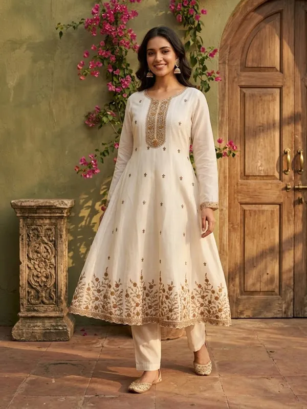 Off_White_Chanderi_Cording_Anarkali_Kurta_With_Pant_Regular_And_Dupatta