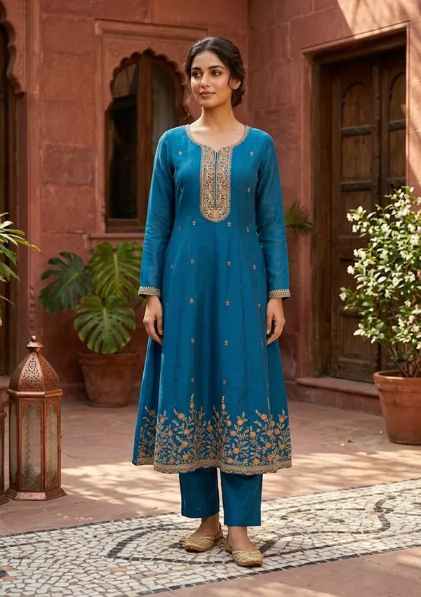 Navy_Blue_Chanderi_Cording_Anarkali_Kurta_With_Regular_Pant_And_Dupatta