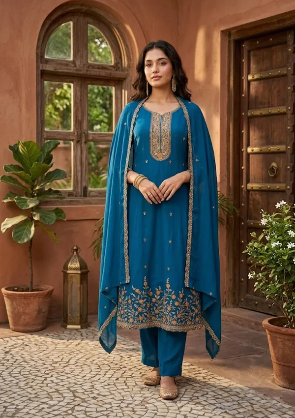 Navy_Blue_Chanderi_Cording_Anarkali_Kurta_With_Regular_Pant_And_Dupatta