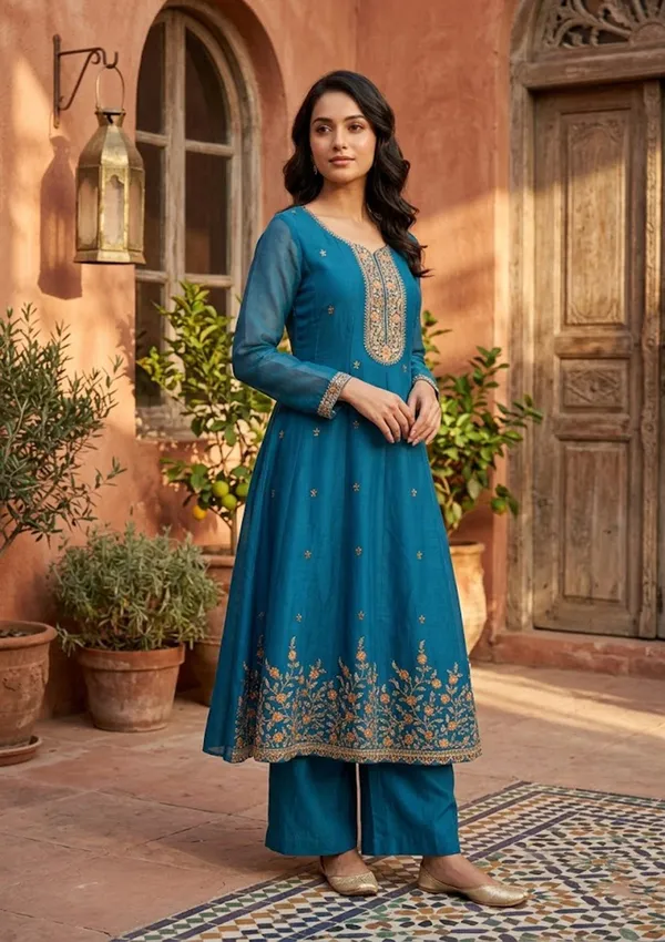 Navy_Blue_Chanderi_Cording_Anarkali_Kurta_With_Regular_Pant_And_Dupatta