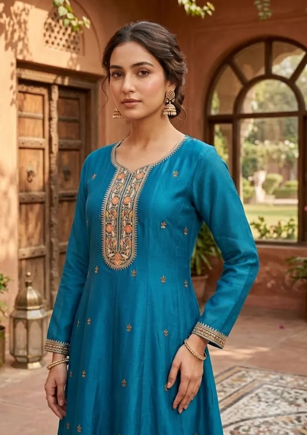 Navy_Blue_Chanderi_Cording_Anarkali_Kurta_With_Regular_Pant_And_Dupatta