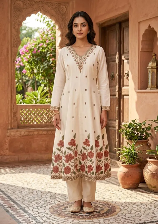 Off_White_Chanderi_Cording_Anarkali_Kurta_With_Regular_Pant_And_Dupatta