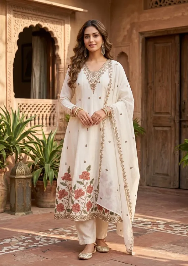 Off_White_Chanderi_Cording_Anarkali_Kurta_With_Regular_Pant_And_Dupatta
