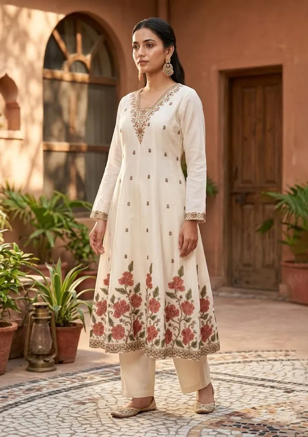 Off_White_Chanderi_Cording_Anarkali_Kurta_With_Regular_Pant_And_Dupatta