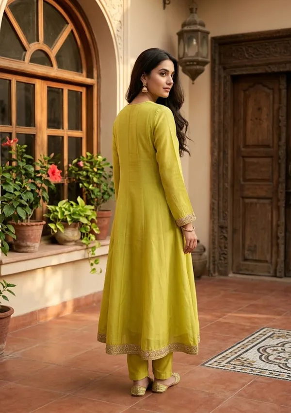 Mustard_Chanderi_Cording_Anarkali_Kurta_With_Regular_Pant_And_Dupatta