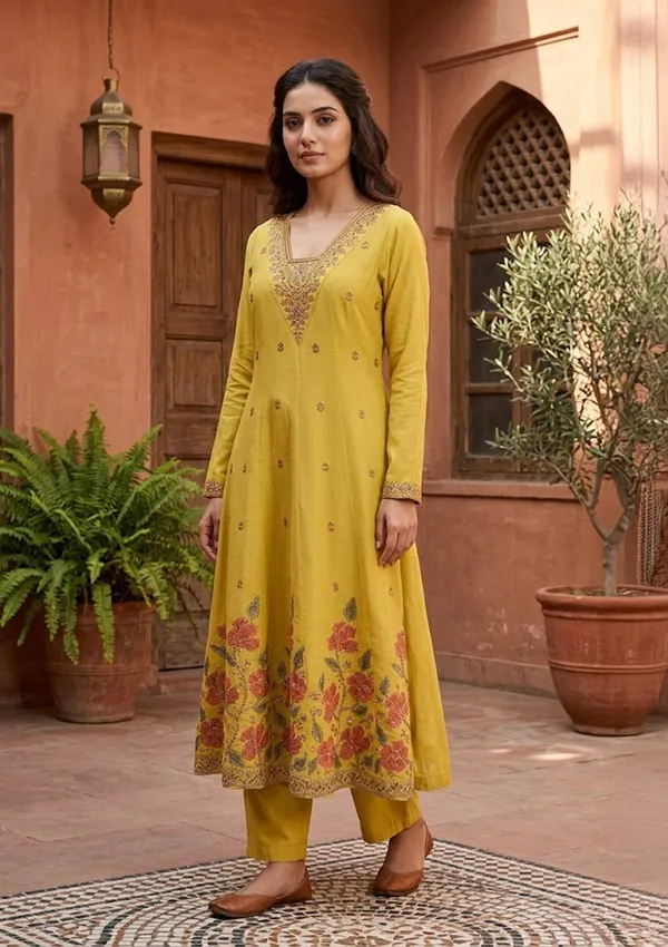 Mustard_Chanderi_Cording_Anarkali_Kurta_With_Regular_Pant_And_Dupatta