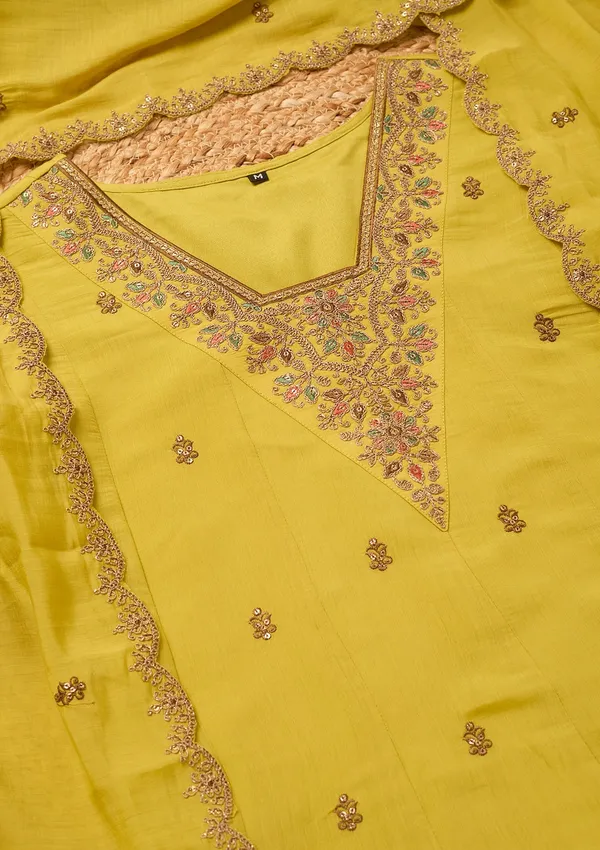 Mustard_Chanderi_Cording_Anarkali_Kurta_With_Regular_Pant_And_Dupatta