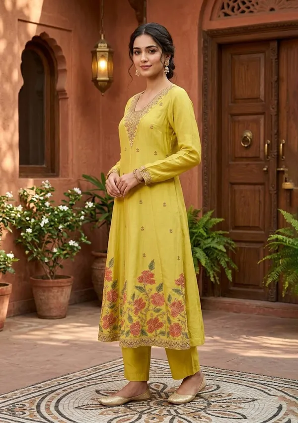 Mustard_Chanderi_Cording_Anarkali_Kurta_With_Regular_Pant_And_Dupatta