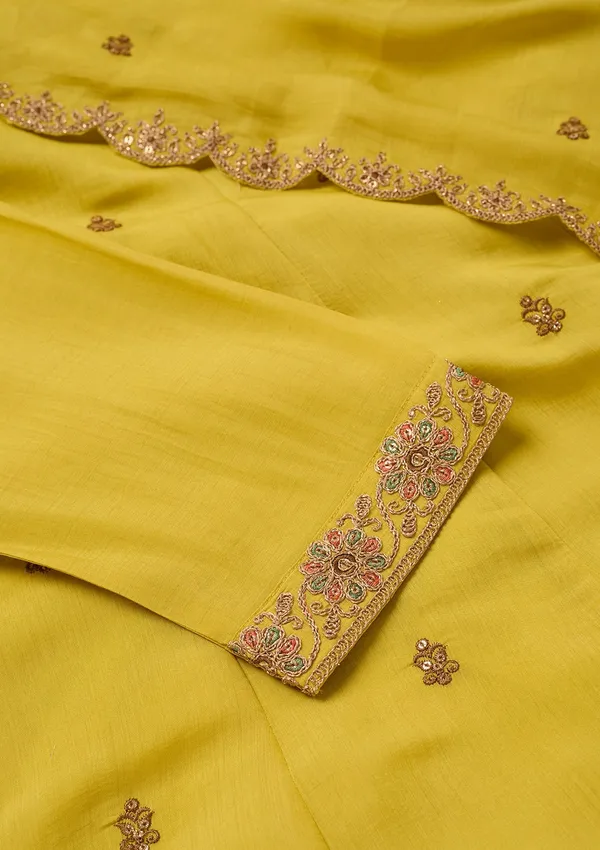 Mustard_Chanderi_Cording_Anarkali_Kurta_With_Regular_Pant_And_Dupatta