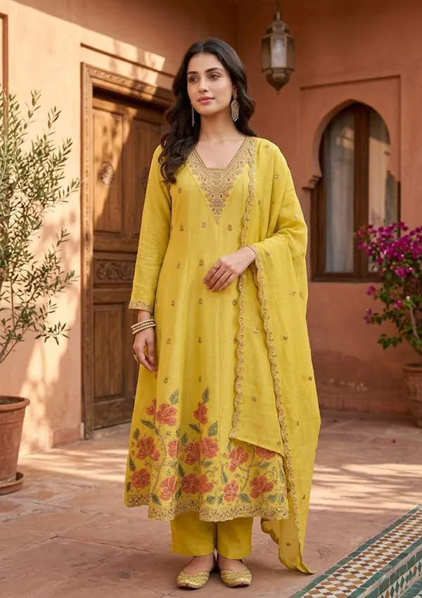 Mustard_Chanderi_Cording_Anarkali_Kurta_With_Regular_Pant_And_Dupatta