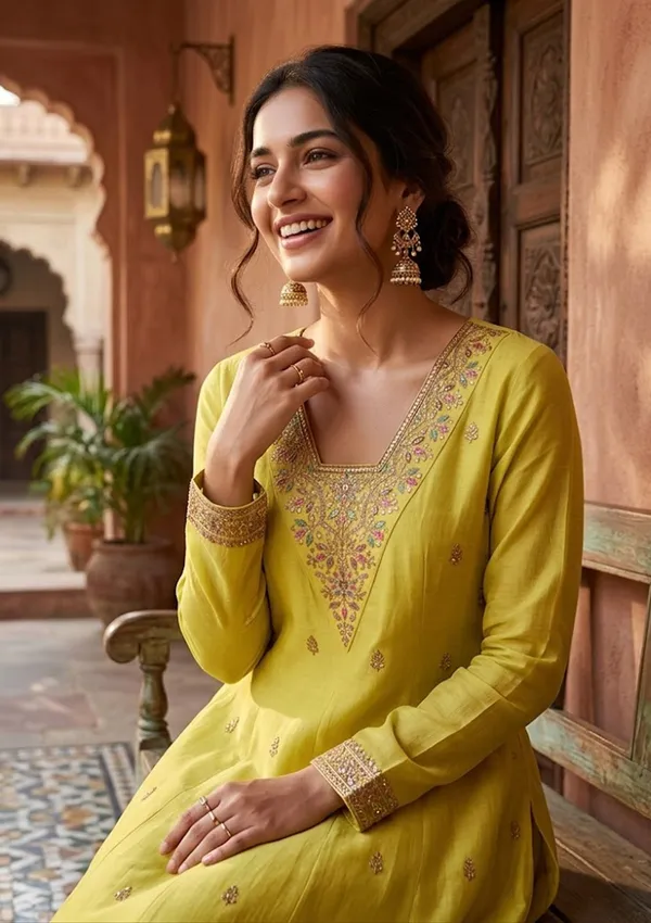 Mustard_Chanderi_Cording_Anarkali_Kurta_With_Regular_Pant_And_Dupatta