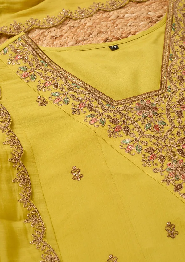 Mustard_Chanderi_Cording_Anarkali_Kurta_With_Regular_Pant_And_Dupatta