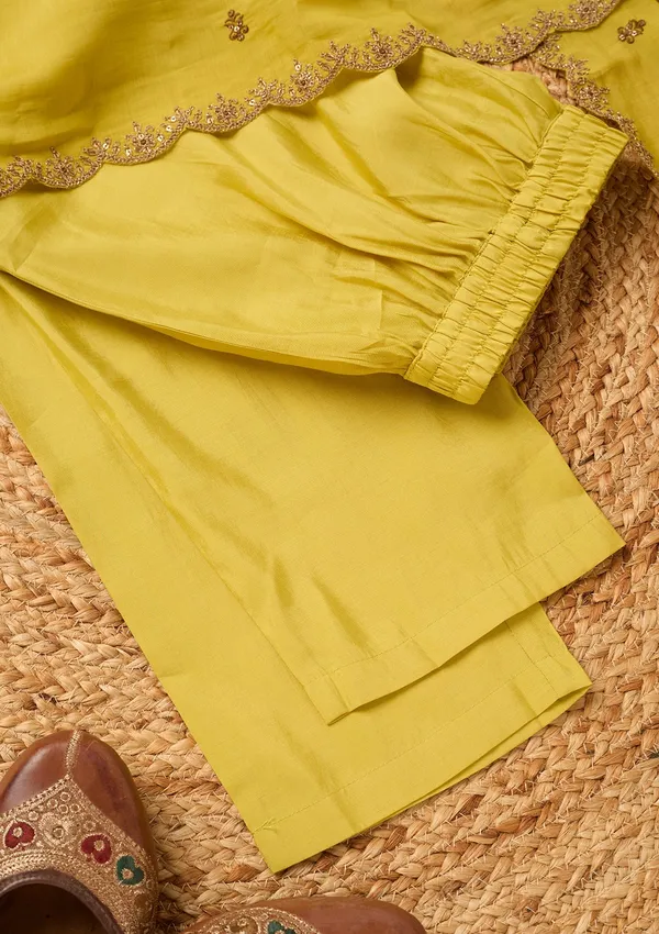 Mustard_Chanderi_Cording_Anarkali_Kurta_With_Regular_Pant_And_Dupatta