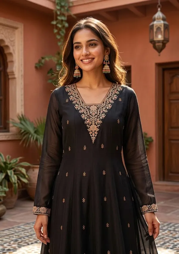 Black_Chanderi_Cording_Anarkali_Kurta_With_Pant_Regular_And_Dupatta