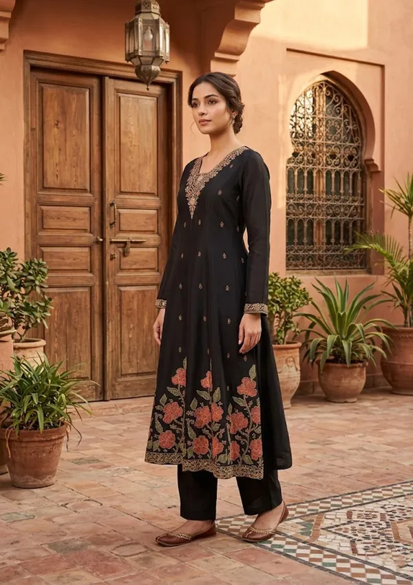 Black_Chanderi_Cording_Anarkali_Kurta_With_Pant_Regular_And_Dupatta