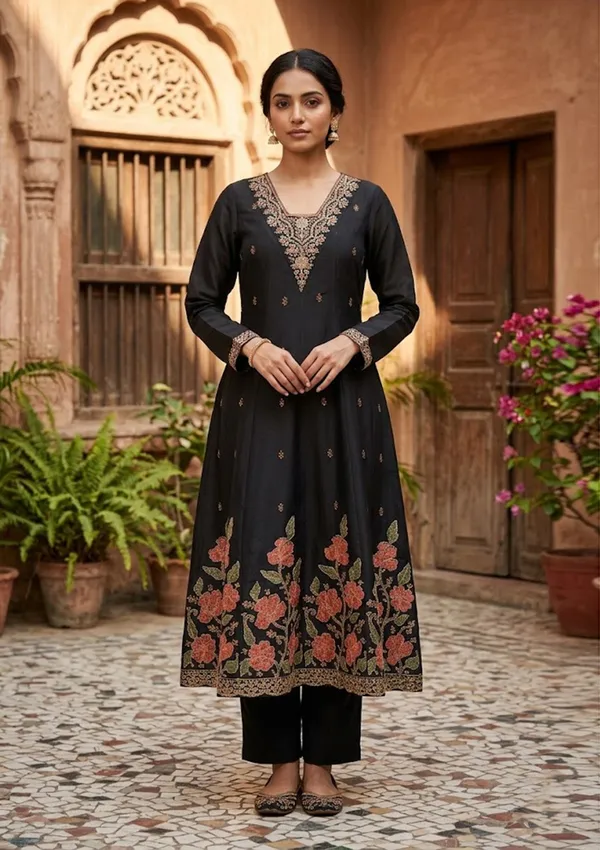 Black_Chanderi_Cording_Anarkali_Kurta_With_Pant_Regular_And_Dupatta