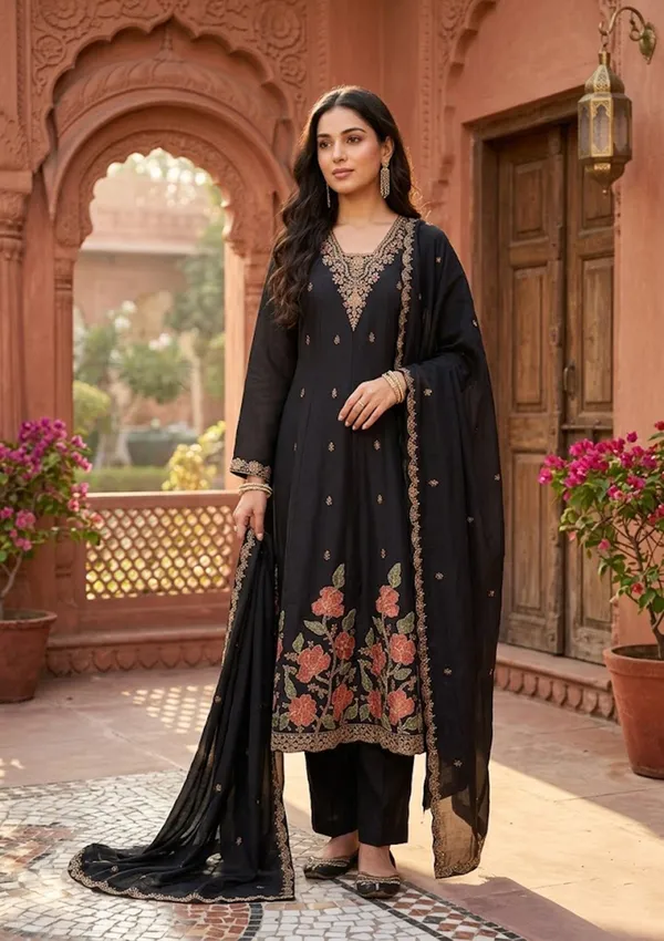 Black_Chanderi_Cording_Anarkali_Kurta_With_Pant_Regular_And_Dupatta