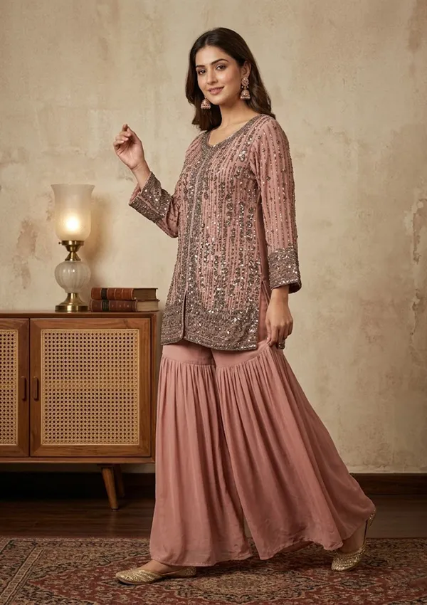Peach_Georgette_Cutdana_Straight_Kurta_With_Sharara_And_Dupatta