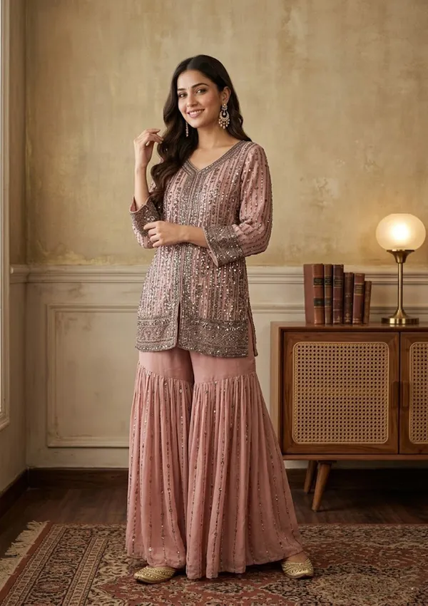 Peach_Georgette_Cutdana_Straight_Kurta_With_Sharara_And_Dupatta