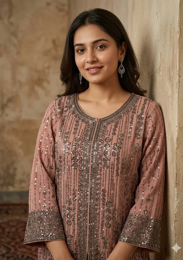 Peach_Georgette_Cutdana_Straight_Kurta_With_Sharara_And_Dupatta