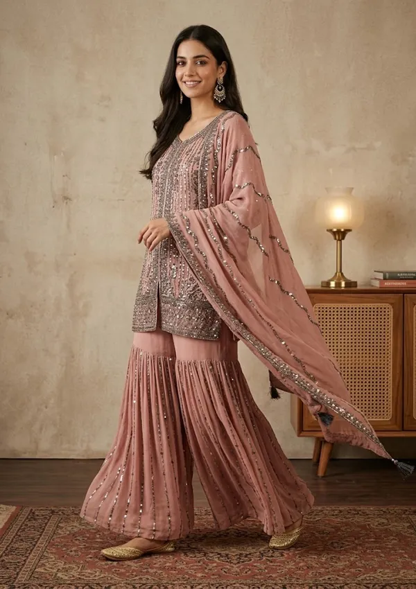 Peach_Georgette_Cutdana_Straight_Kurta_With_Sharara_And_Dupatta
