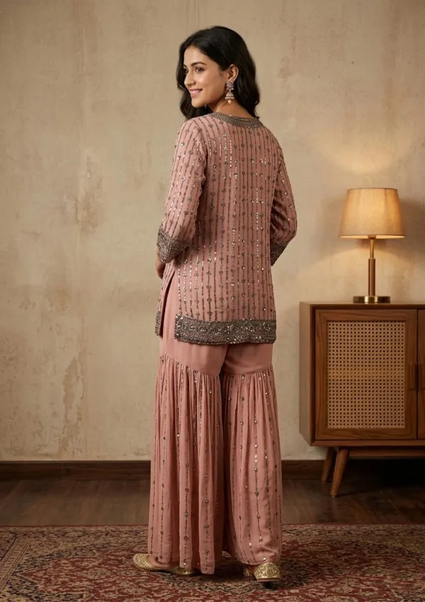 Peach_Georgette_Cutdana_Straight_Kurta_With_Sharara_And_Dupatta
