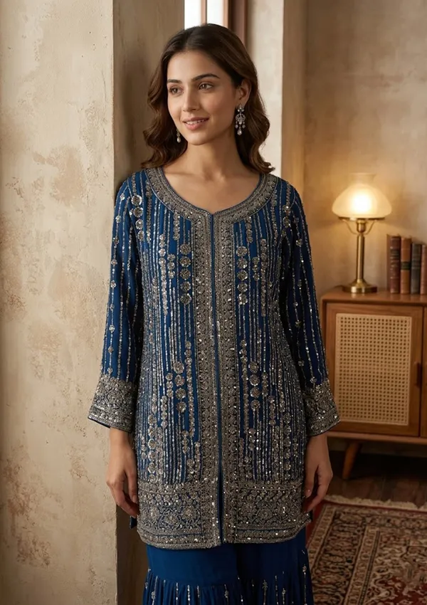 Navy_Blue_Georgette_Cutdana_Straight_Kurta_With_Sharara_And_Dupatta