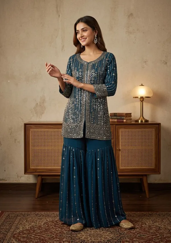Navy_Blue_Georgette_Cutdana_Straight_Kurta_With_Sharara_And_Dupatta