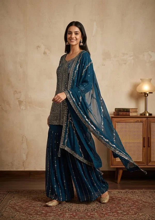 Navy_Blue_Georgette_Cutdana_Straight_Kurta_With_Sharara_And_Dupatta