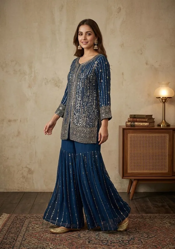 Navy_Blue_Georgette_Cutdana_Straight_Kurta_With_Sharara_And_Dupatta