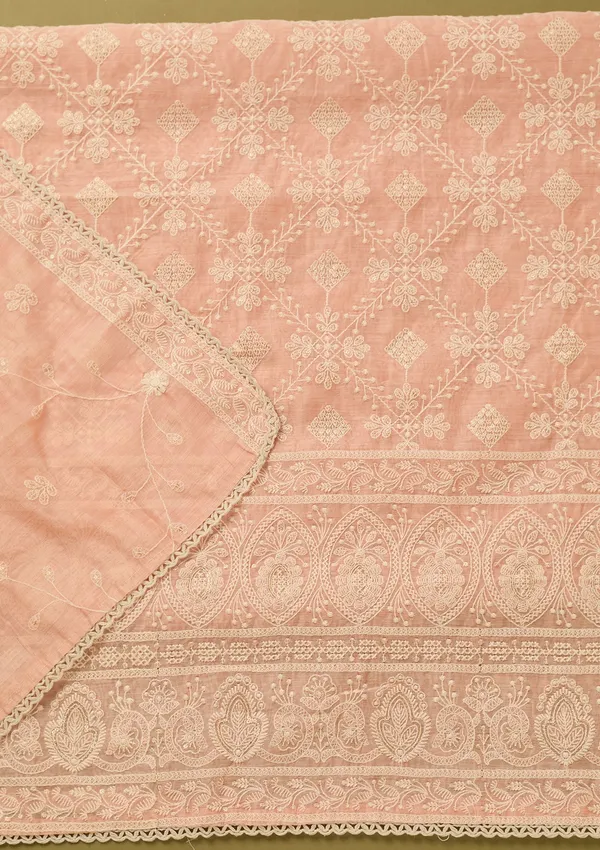 Peach_Cotton_Threadwork_Unstitched_Dress_Material_With_Matching_Bottom_And_Dupatta