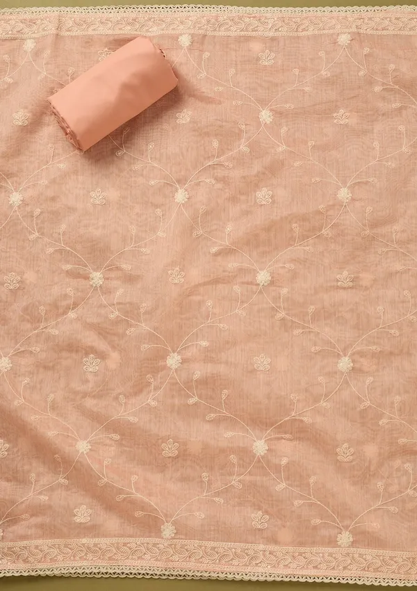 Peach_Cotton_Threadwork_Unstitched_Dress_Material_With_Matching_Bottom_And_Dupatta
