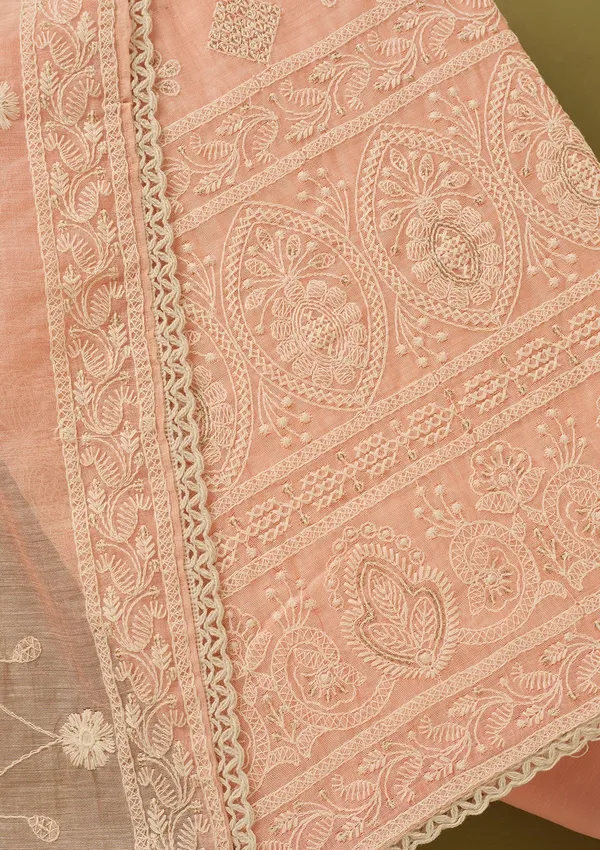 Peach_Cotton_Threadwork_Unstitched_Dress_Material_With_Matching_Bottom_And_Dupatta