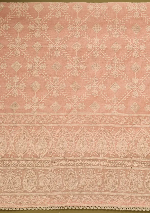 Peach_Cotton_Threadwork_Unstitched_Dress_Material_With_Matching_Bottom_And_Dupatta
