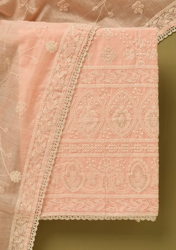 Peach_Cotton_Threadwork_Unstitched_Dress_Material_With_Matching_Bottom_And_Dupatta