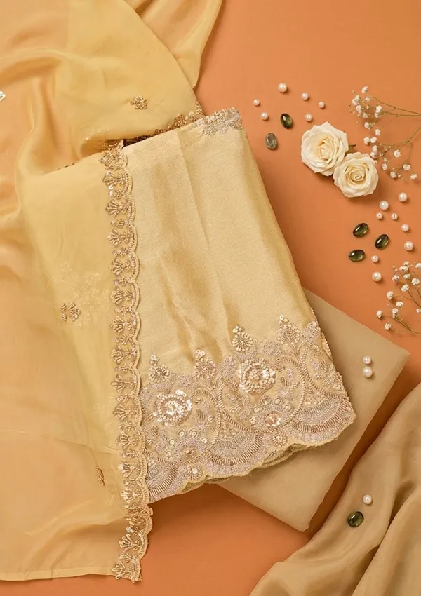 Beige_Tissue_Cutdana_Unstitched_Dress_Material_With_Matching_Bottom_And_Dupatta