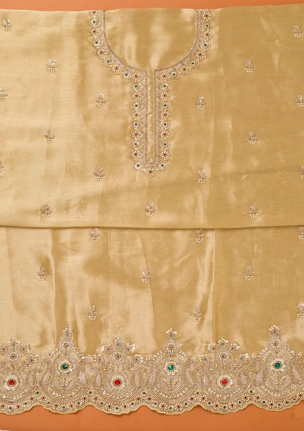 Beige_Tissue_Cutdana_Unstitched_Dress_Material_With_Matching_Bottom_And_Dupatta