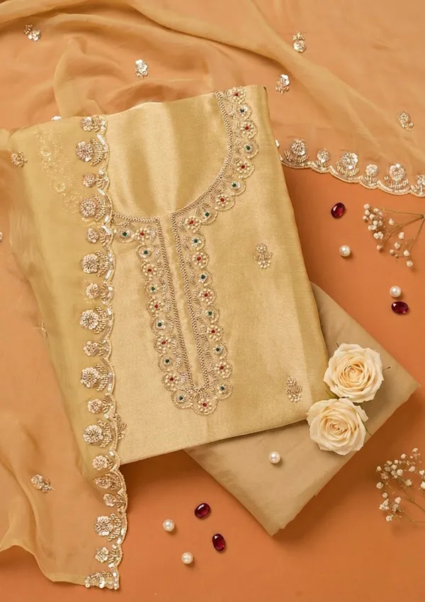Beige_Tissue_Cutdana_Unstitched_Dress_Material_With_Matching_Bottom_And_Dupatta