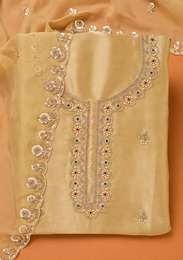 Beige_Tissue_Cutdana_Unstitched_Dress_Material_With_Matching_Bottom_And_Dupatta