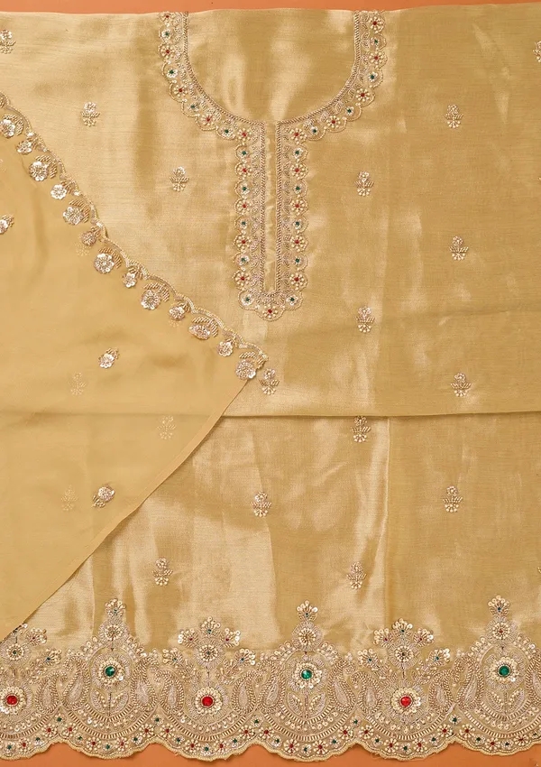 Beige_Tissue_Cutdana_Unstitched_Dress_Material_With_Matching_Bottom_And_Dupatta