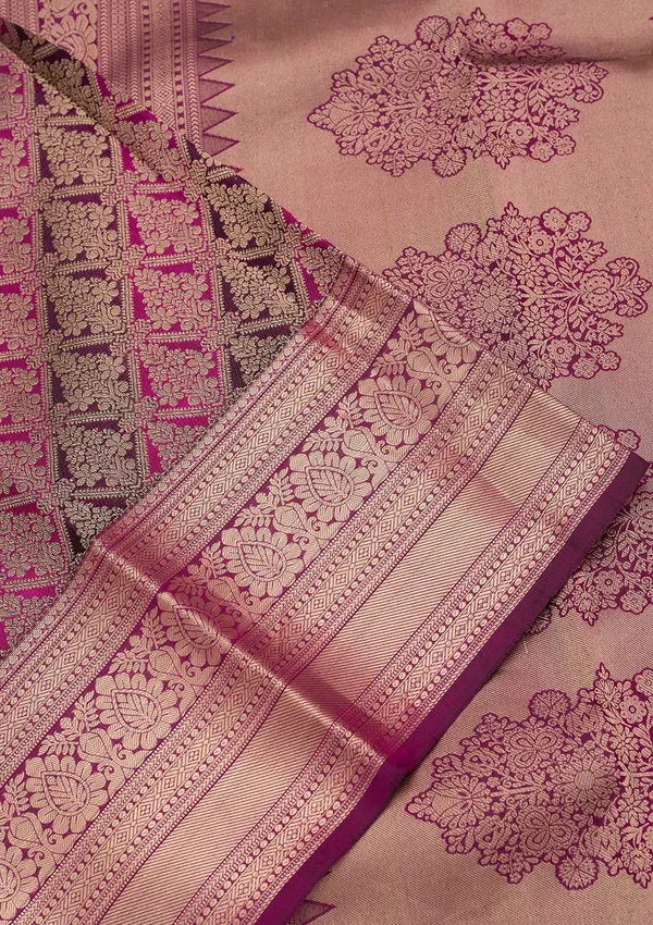 Rani_Pink_Silk_Jaal_Gold_Zariwork_Saree_With_Matching_Blouse_Piece