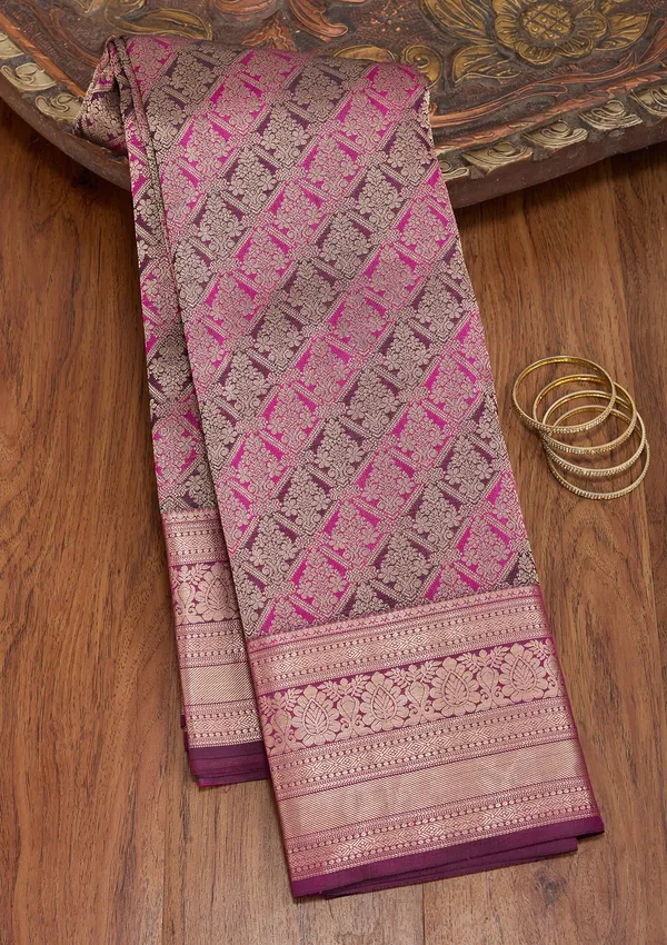 Rani_Pink_Silk_Jaal_Gold_Zariwork_Saree_With_Matching_Blouse_Piece