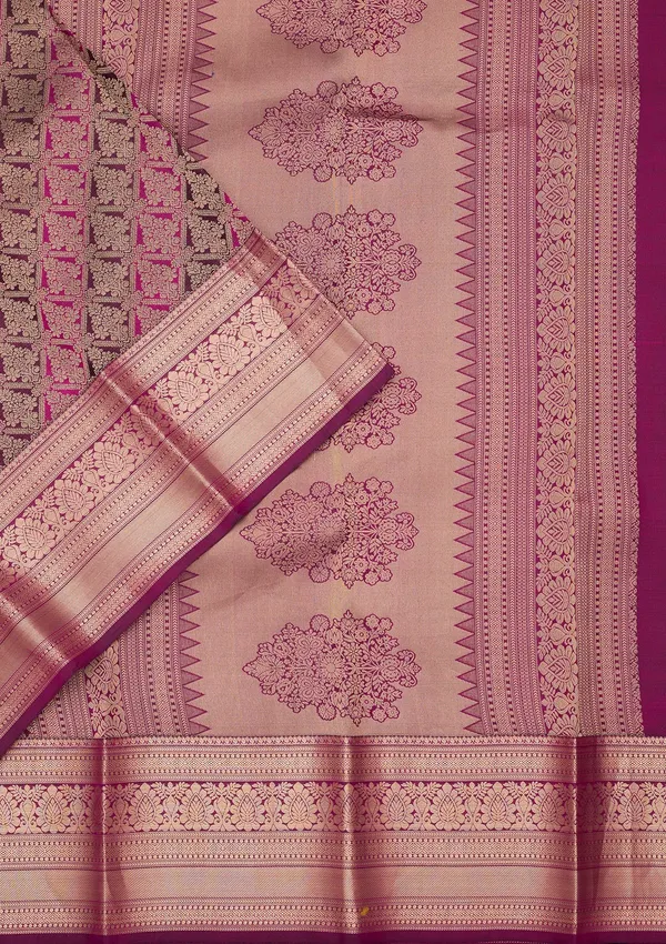 Rani_Pink_Silk_Jaal_Gold_Zariwork_Saree_With_Matching_Blouse_Piece